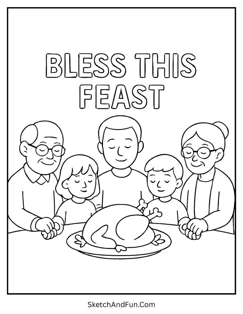 Family praying at table on Thanksgiving dinner coloring pages with roasted turkey.