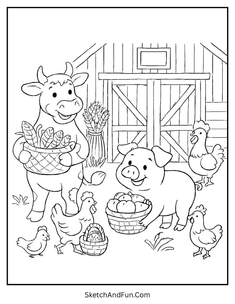 Cow, pig, and chickens with corn for vegetable harvest coloring pages.