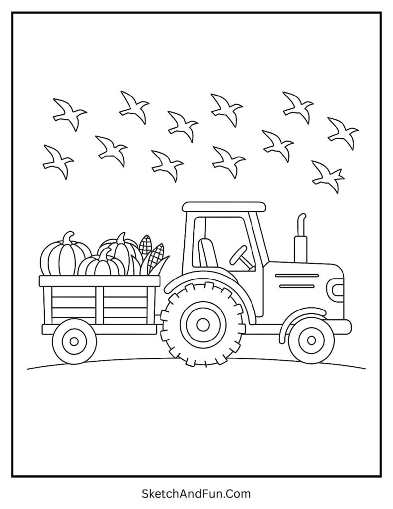 Tractor harvesting pumpkins on Thanksgiving coloring pages PDF farm theme.