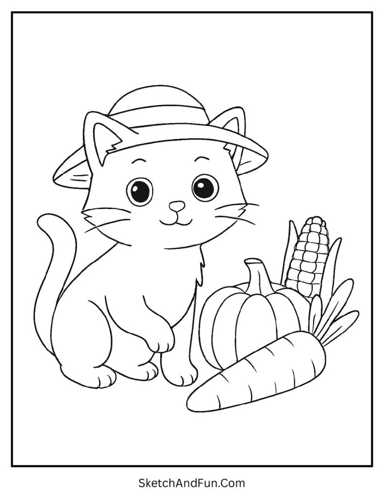 Playful kitten with hat in garden for fun farm cat coloring pages printable for kids.