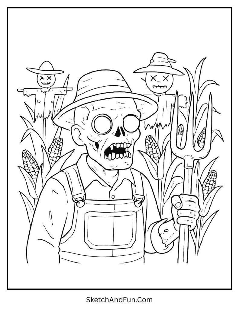 Zombie farmer with pitchfork – detailed zombie coloring page for kids to color.