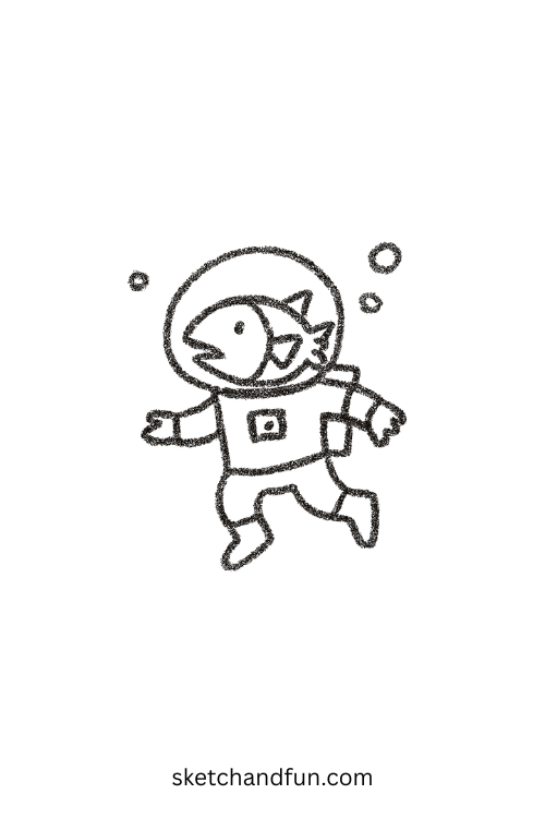 Fish floating in a spacesuit, a midnight-inspired goofy ahh drawing