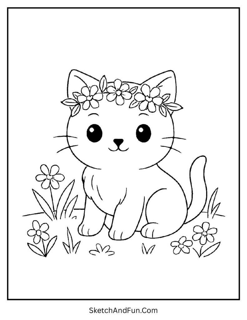 Gentle kitten in flower crown for sweet realistic wild cat coloring pages meadow.