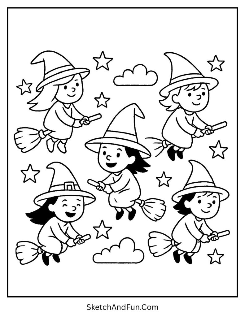 Flying witch kids learning in the sky – Halloween printable coloring book