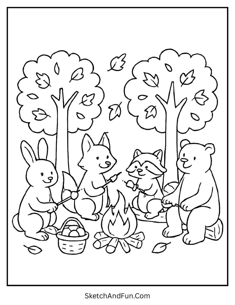 Fall theme coloring pages with animals around a cozy campfire in the forest