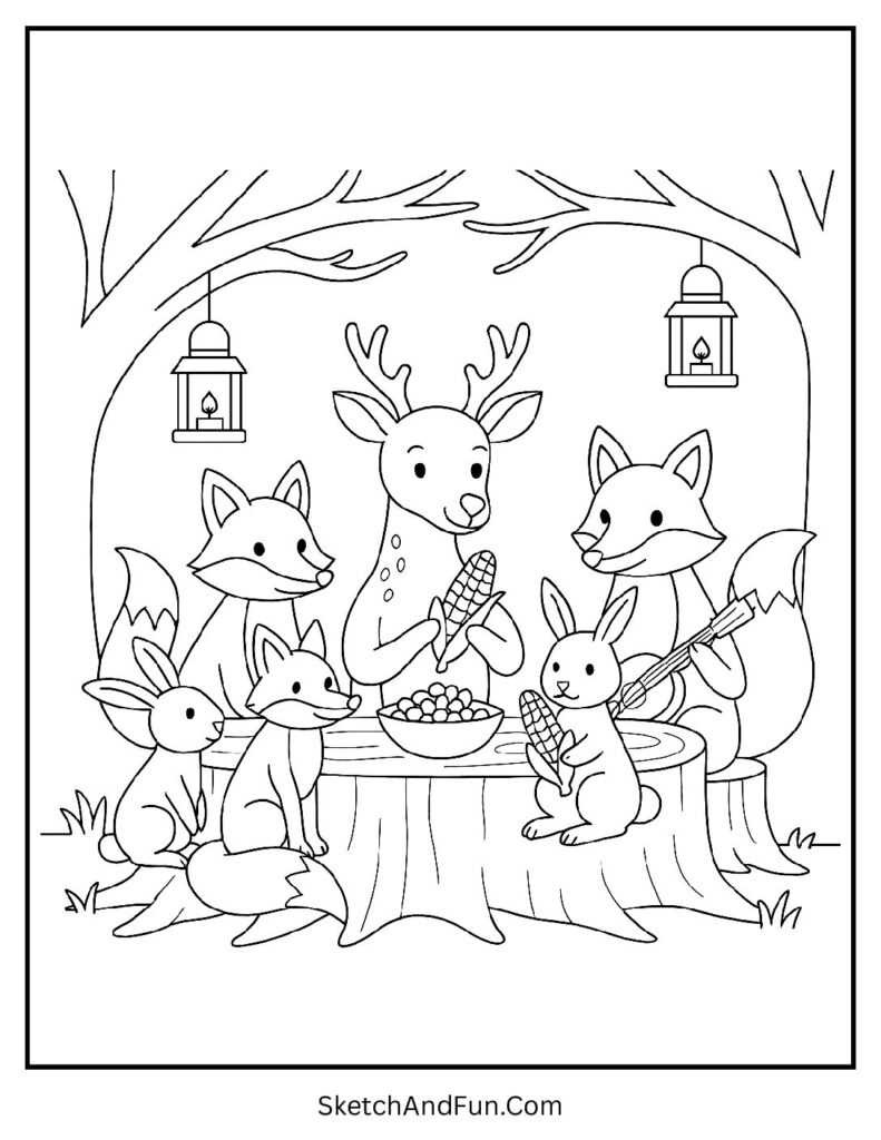 Woodland feast with animals on Thanksgiving coloring sheets free lantern night.