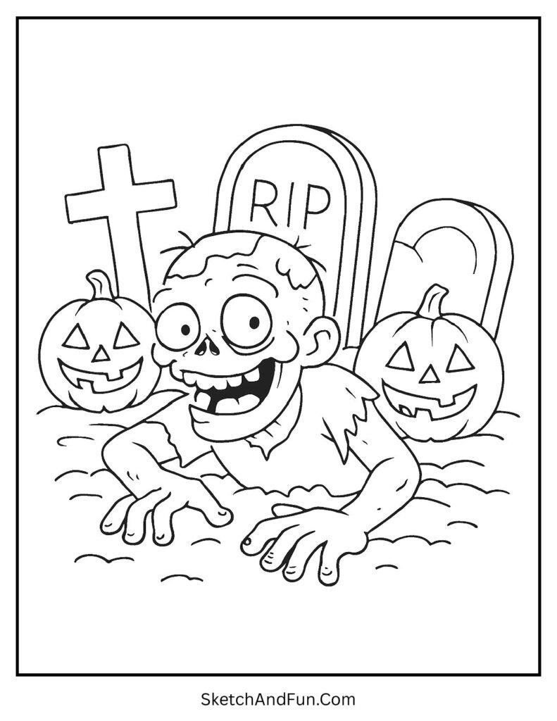 Friendly graveyard zombie with gravestones – easy zombie coloring pages for kids.