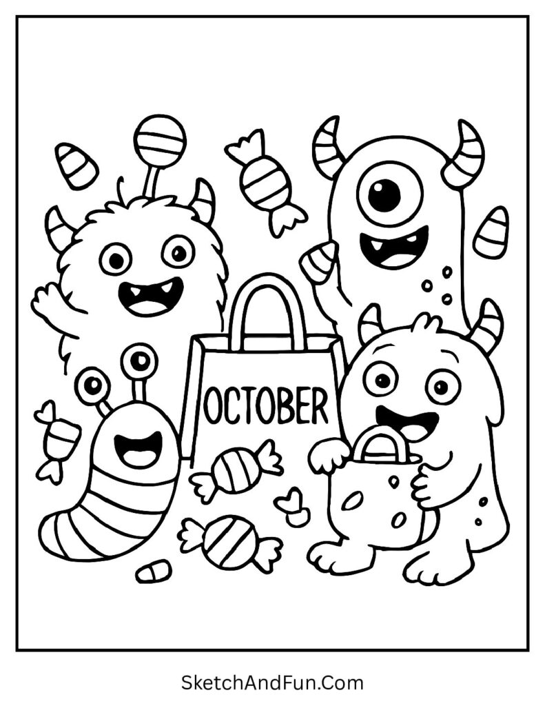 Cute monsters with candy bags labeled “October” – October coloring pages for toddlers