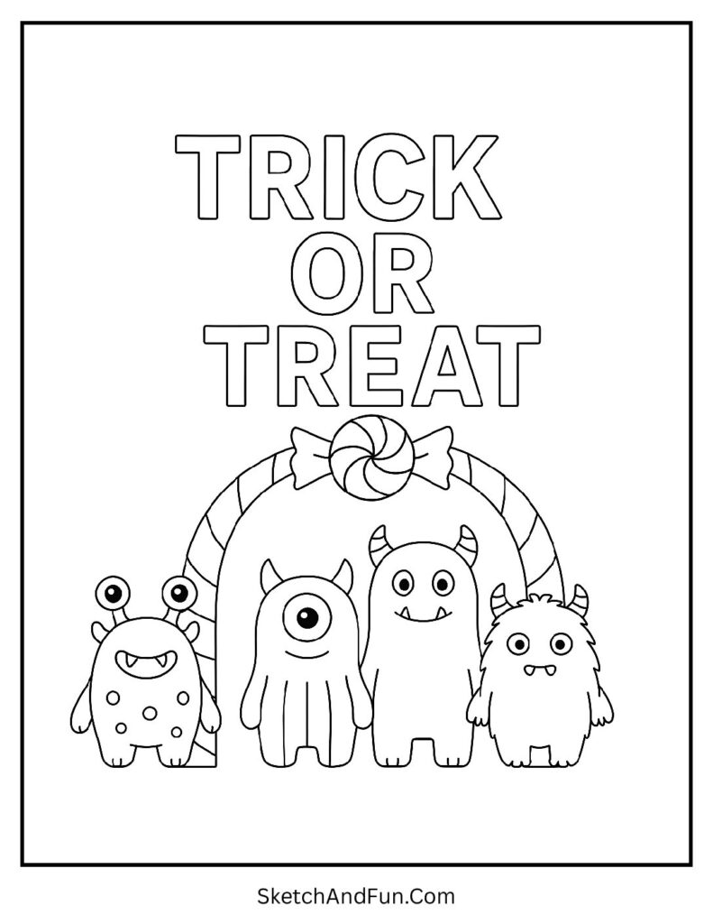 Cute monsters at candy gate for cute trick or treat coloring sheet.