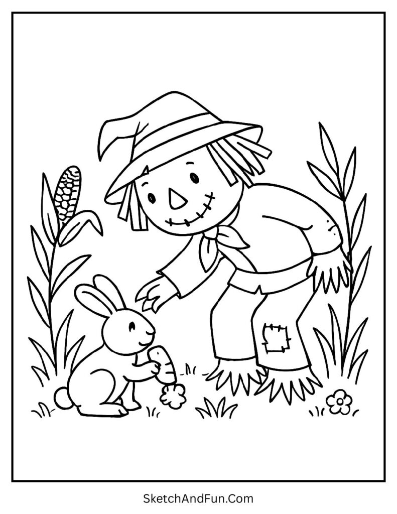 Bunny friendship in halloween scarecrow coloring pages