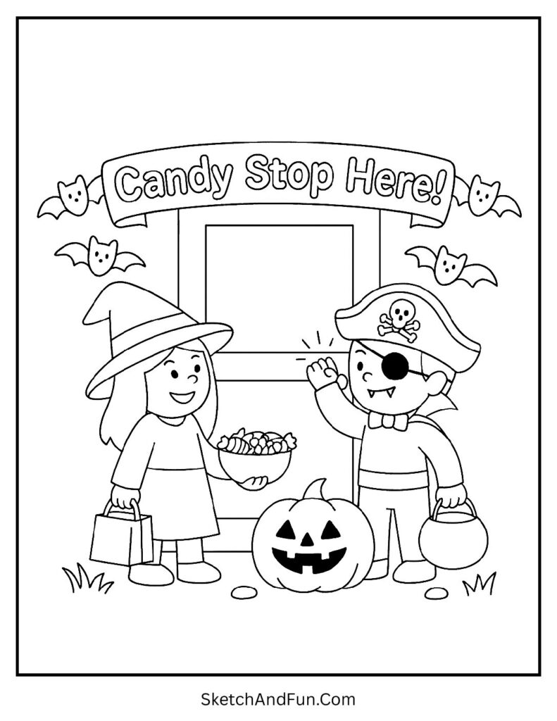 Kids at door with bats above for trick or treat coloring sheet cute.