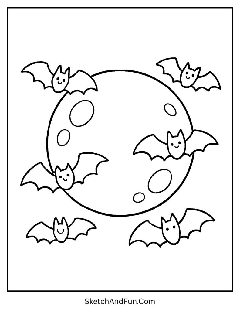 A glowing full moon with bats flying around – Halloween night coloring pages