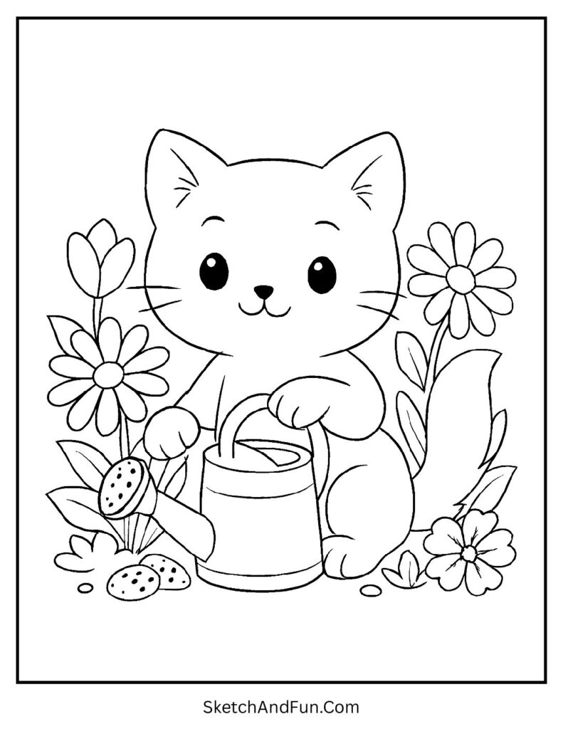 Kitten watering flowers with butterflies for spring cat coloring pages printable free.