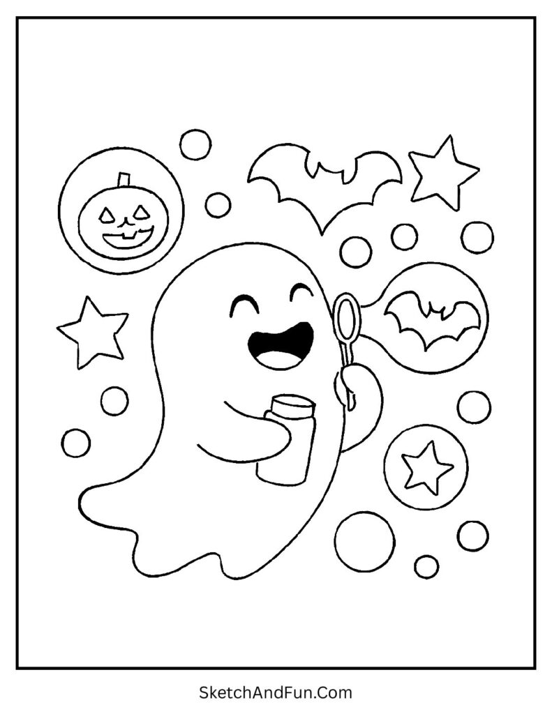 A ghost blowing magical bubbles makes one of the friendly ghost coloring sheets loved by kids.