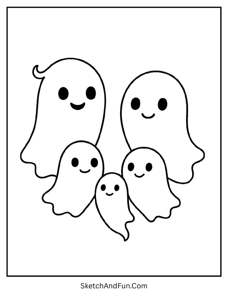 A ghost family floating together in the night – ghost coloring pages Halloween