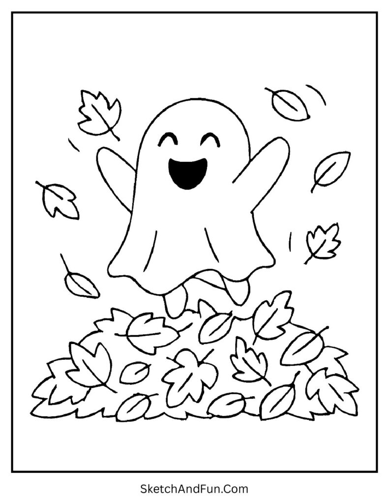 A ghost jumping into colorful leaves is a playful ghost story coloring page.