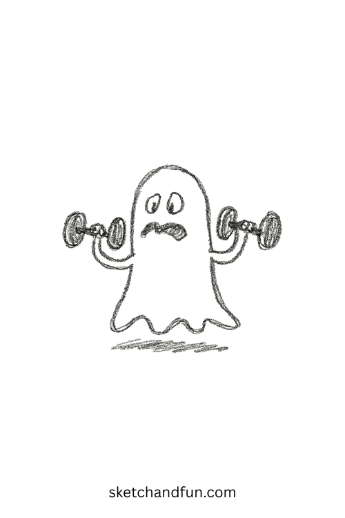 Ghost struggling to lift weights, funny goofy ahh face drawing