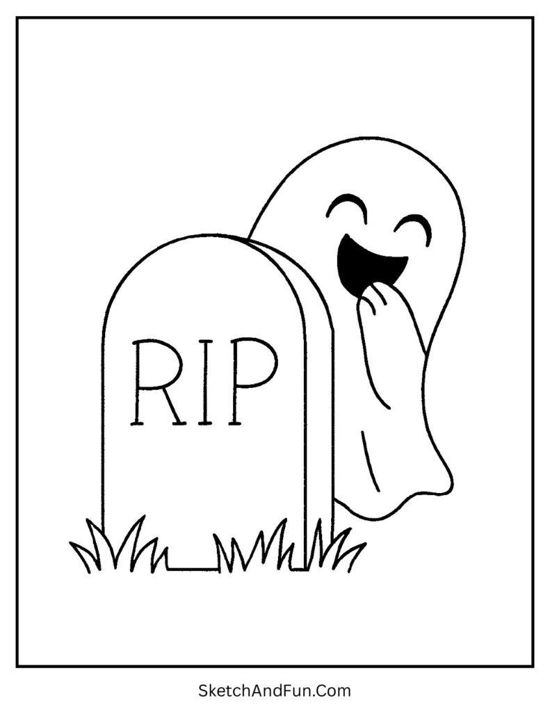 A ghost hiding behind a gravestone turns into a boo ghost coloring page.