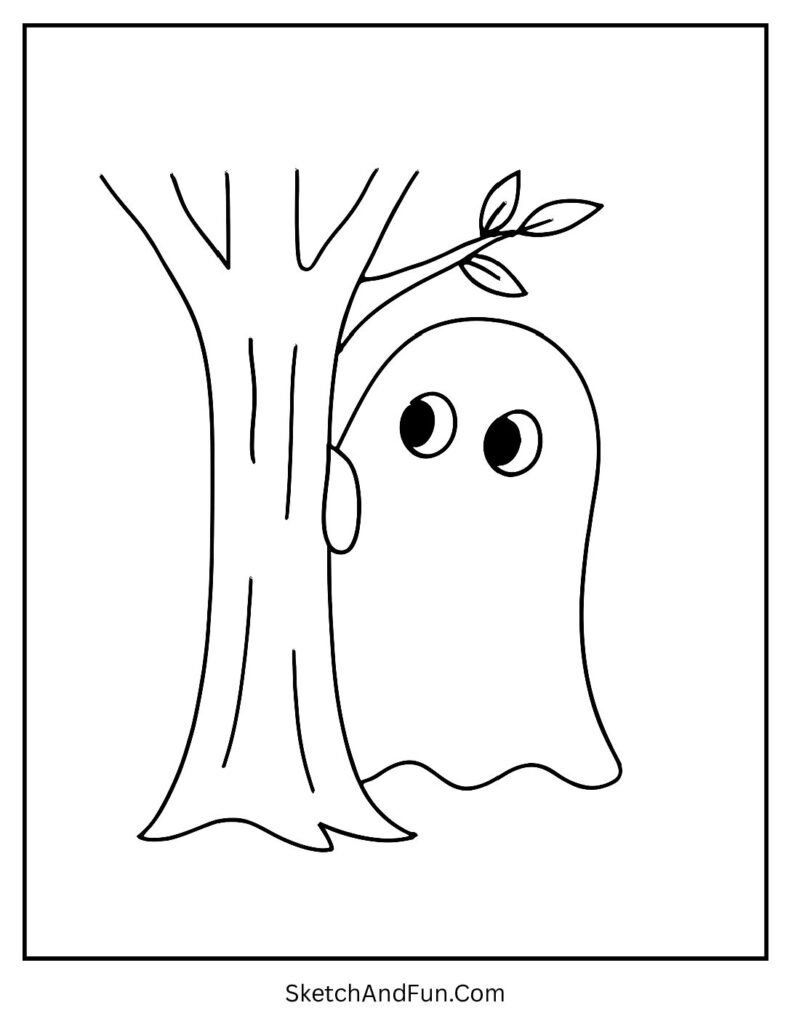 A shy ghost hiding behind a tree makes one of the printable ghost coloring pages that children love.
