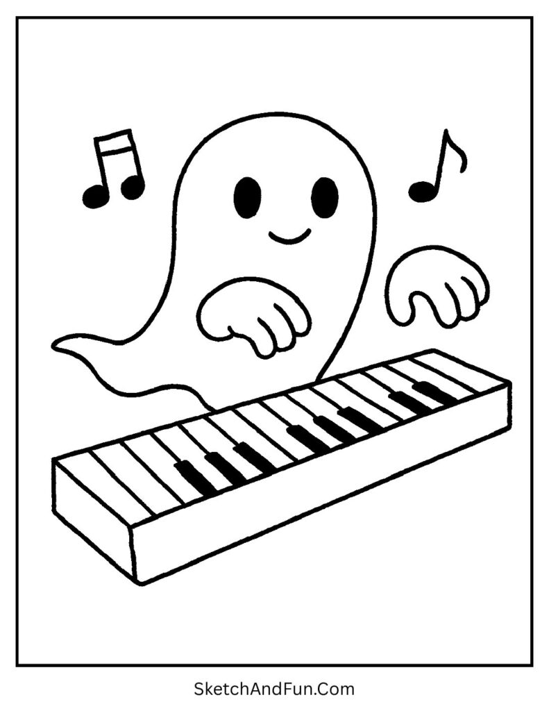 A ghost playing spooky tunes on a piano – Halloween alphabet coloring pages