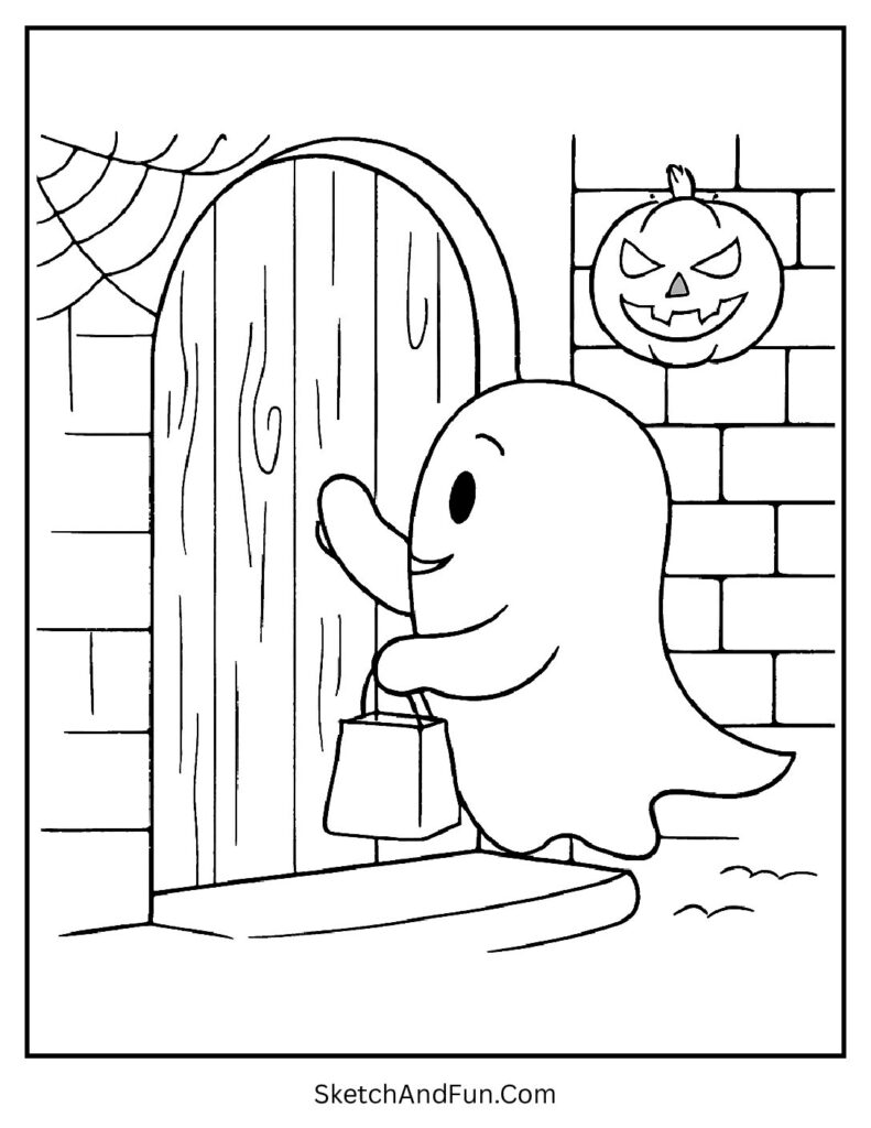 A ghost trick-or-treating at a spooky house makes one of the ghost coloring pages for adults fun to fill.