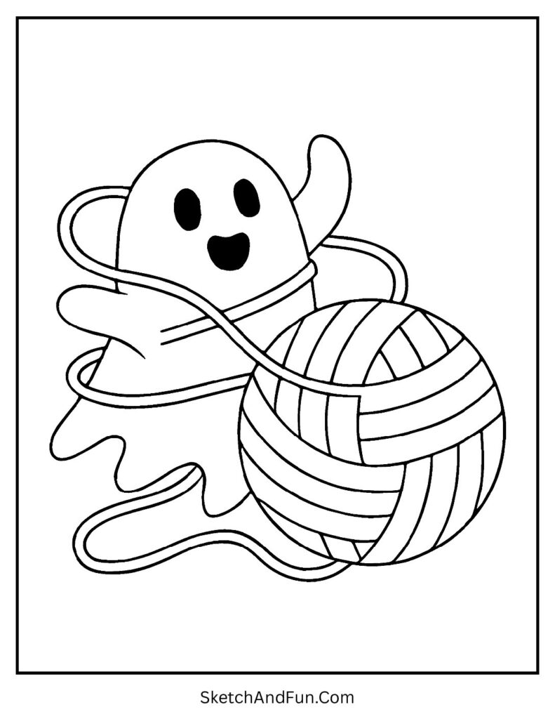 A ghost tangled in yarn is a silly choice for ghost coloring pages online.