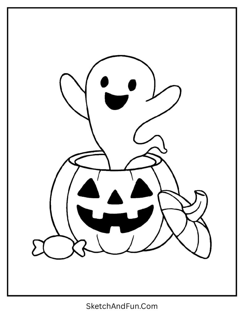 A ghost popping out of a carved pumpkin – Halloween coloring pages for toddlers