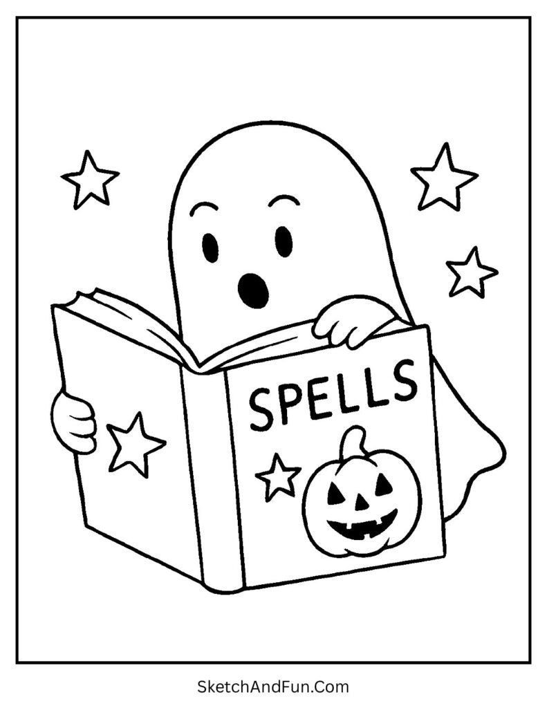 A ghost reading a spell book fits perfectly with ghost coloring pages with pumpkins.