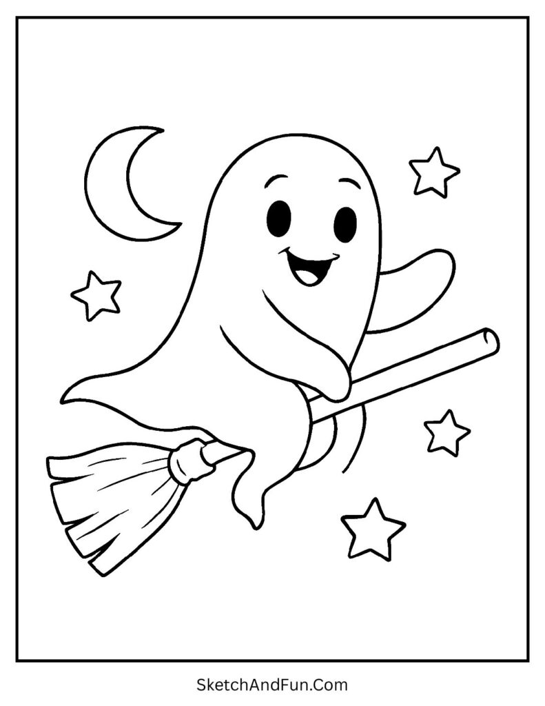 A playful ghost riding a broomstick makes one of the ghost coloring sheet free activities for kids.