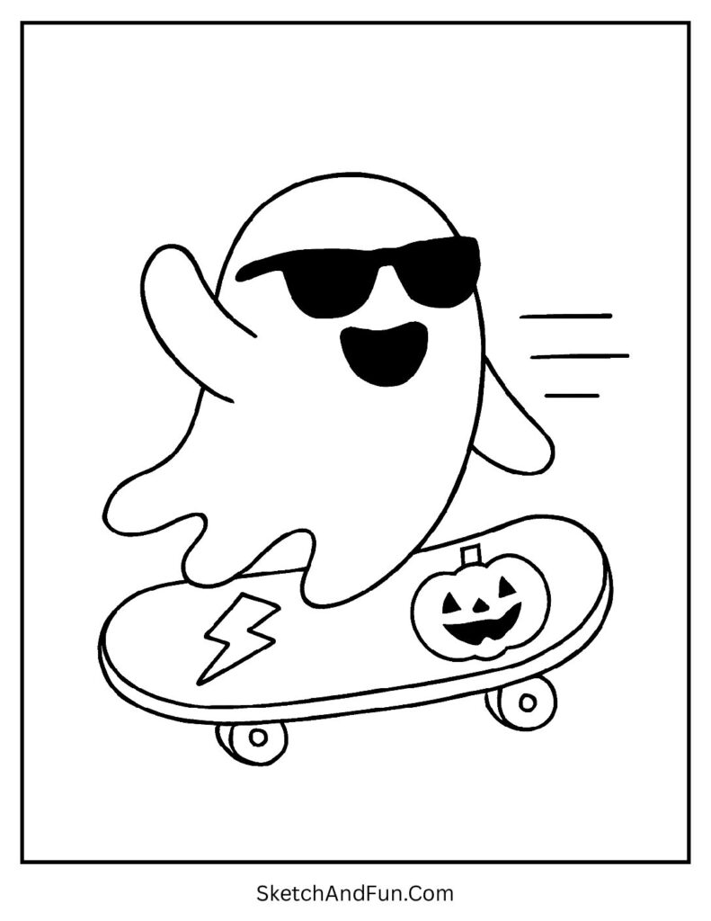 A ghost skateboarding looks like a modern coloring page of ghost in graveyard.