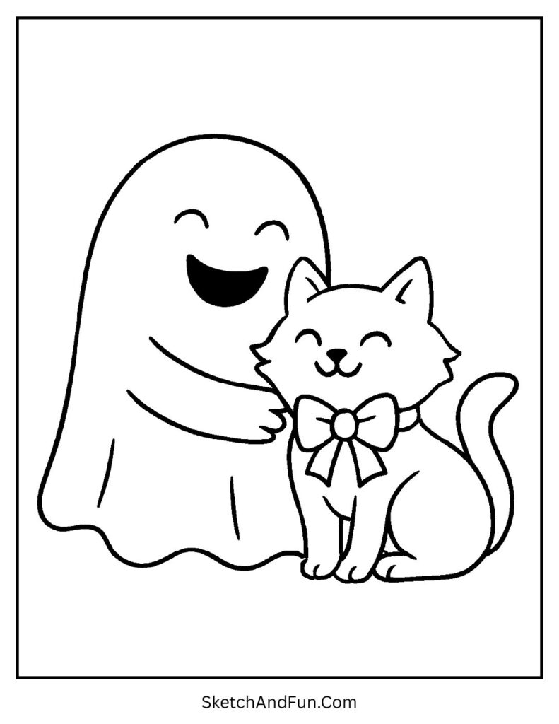 A ghost hugging a black cat looks perfect as one of the halloween ghost coloring pages for kids.