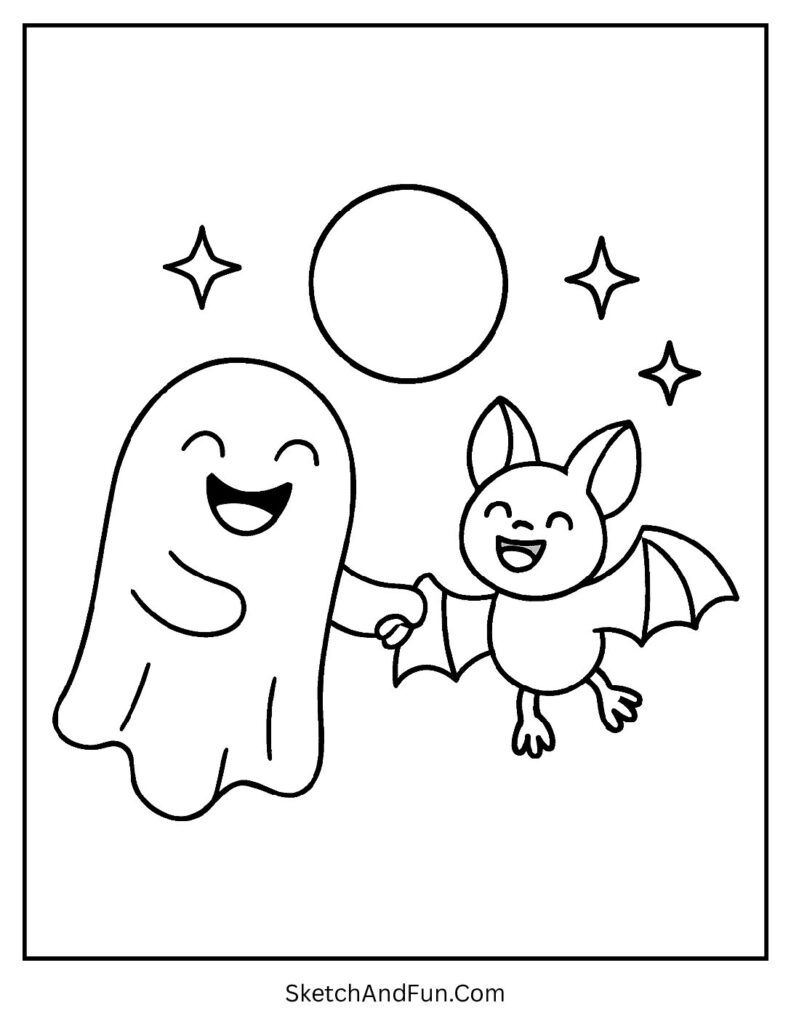 A cheerful ghost flying with a bat under the moon looks perfect as a ghost coloring page pdf.