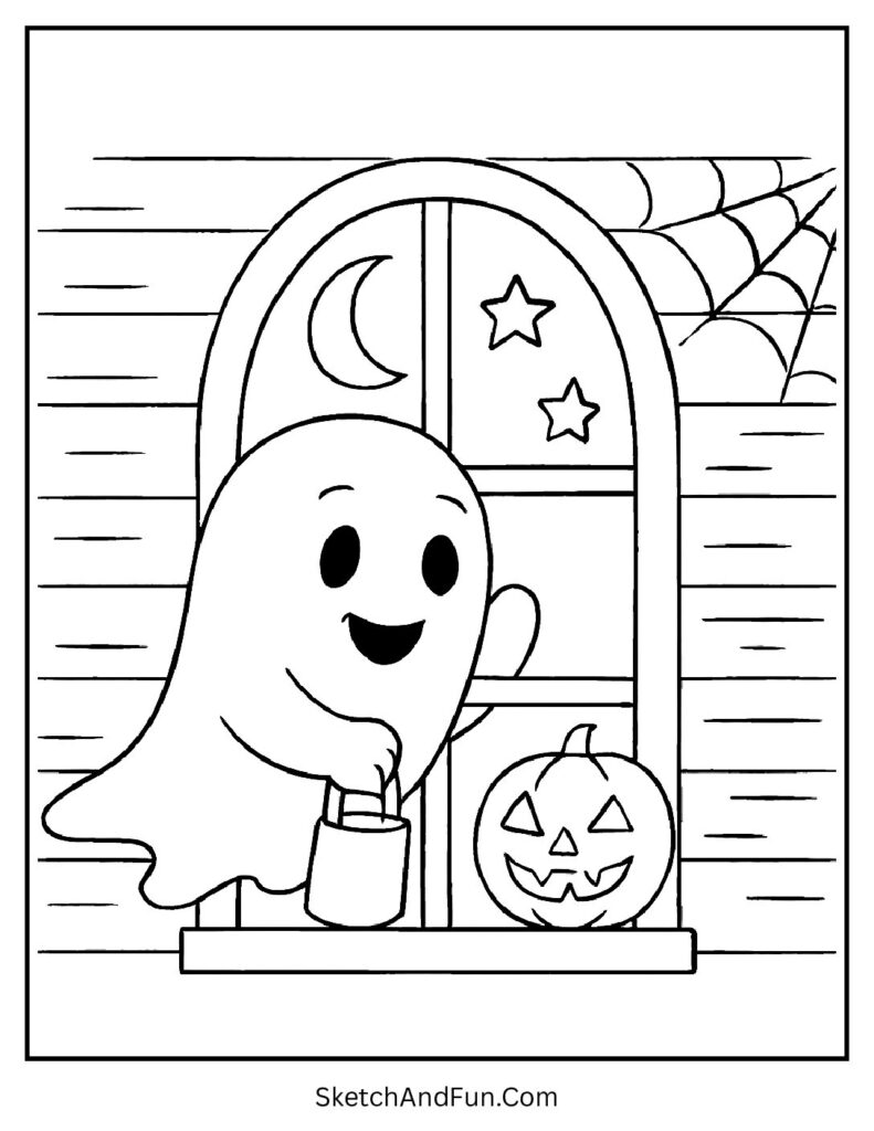 A ghost peeking through a haunted house window looks like one of the ghost coloring pages PDF printable.