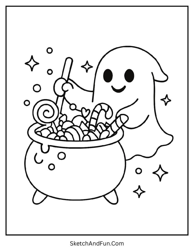 A ghost stirring candy in a cauldron is a great choice for any ghost coloring pages stash.