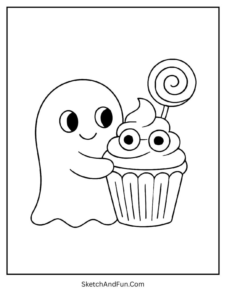 A tiny ghost holding a spooky cupcake fits perfectly in scary ghost coloring pages for Halloween.