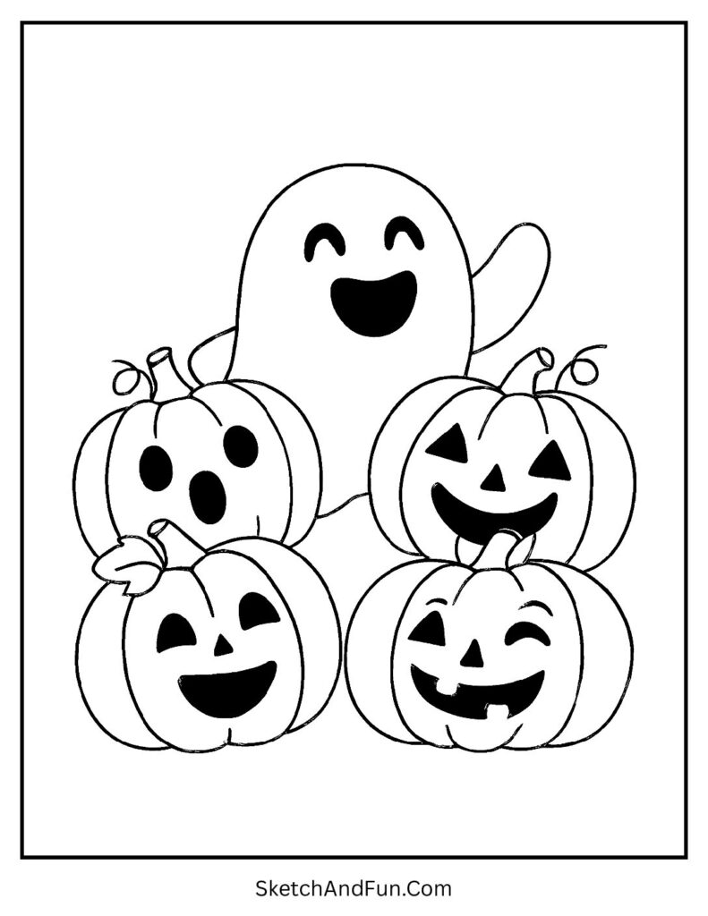 A ghost laughing with pumpkins looks like one of the ghost coloring sheets classroom activities.