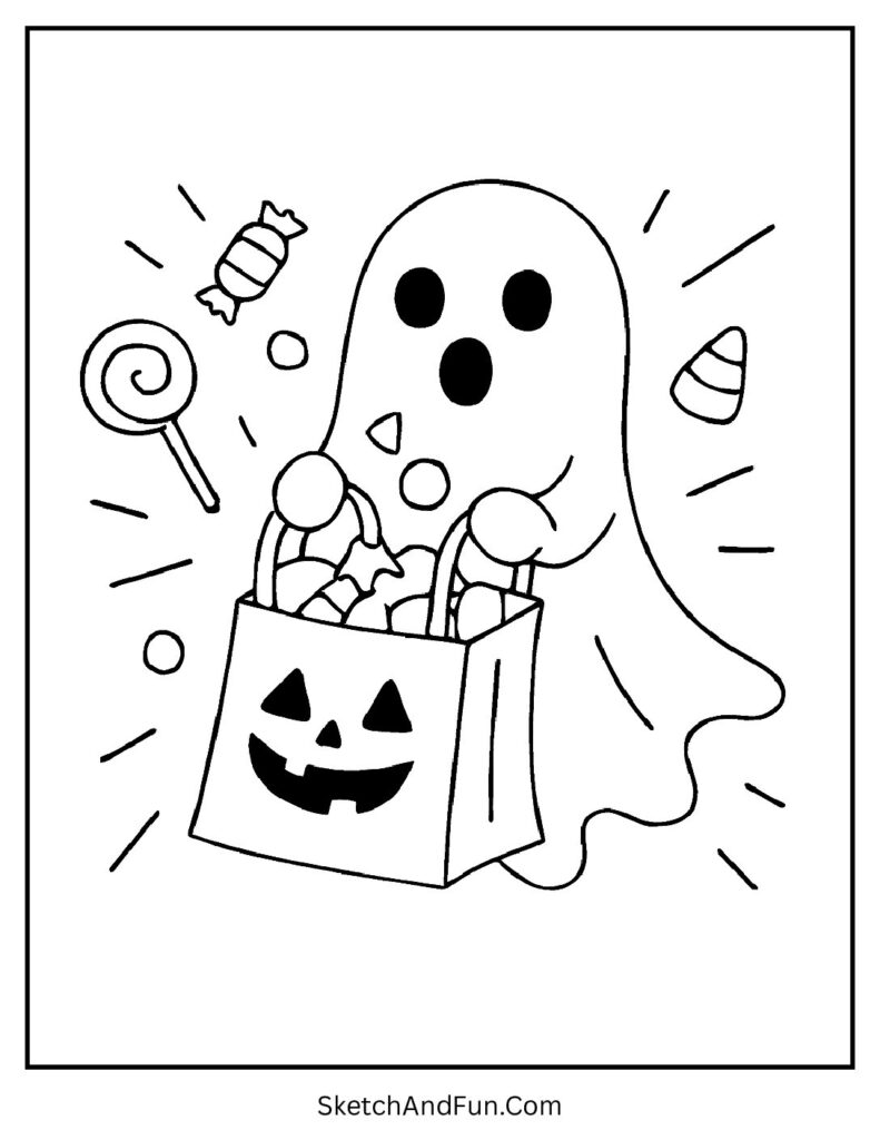 A ghost with candies spilling everywhere makes one of the haunted house ghost coloring sheets.