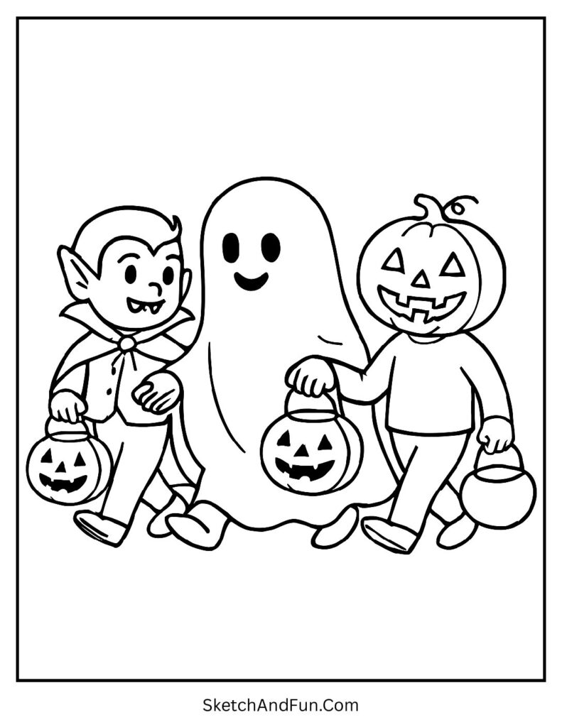 A ghost trick-or-treating with friends creates a fun ghost coloring sheet pdf activity.