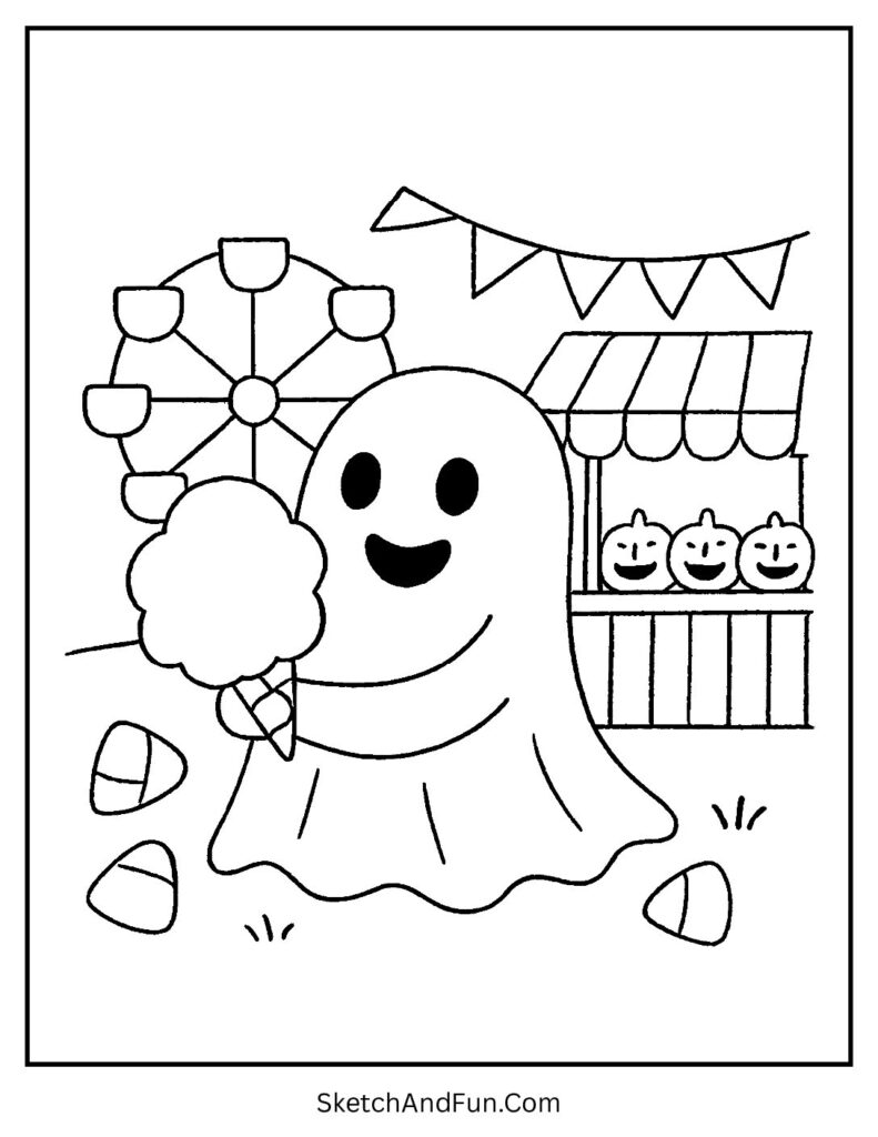 A ghost enjoying cotton candy at a carnival is part of a ghost coloring sheets collection.