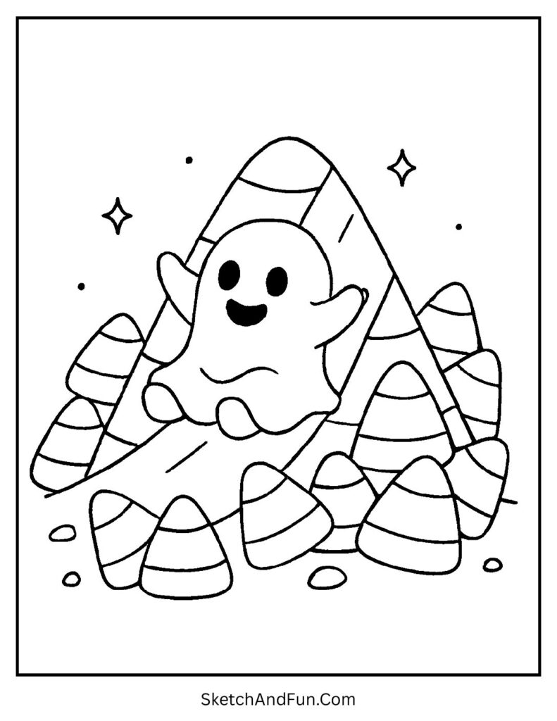 A ghost sliding down candy corn mountains looks like a playful ghost coloring with bats design.