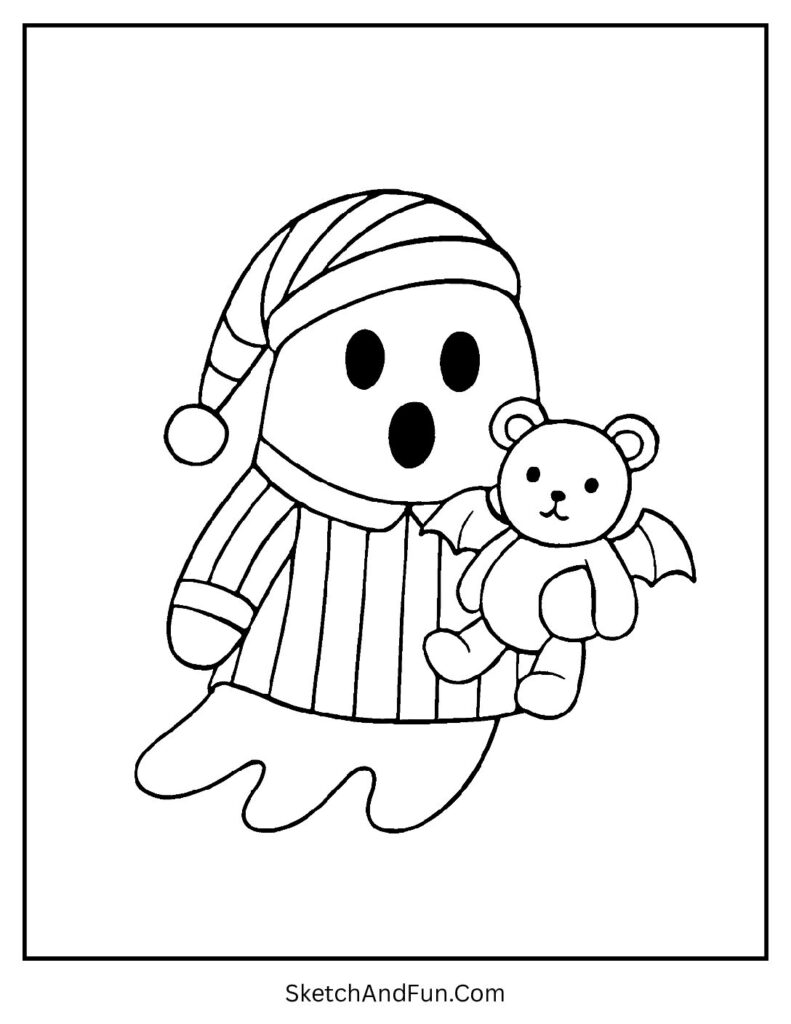 A sleepy ghost in pajamas hugging a teddy bat is a cozy ghost craft coloring sheets idea.