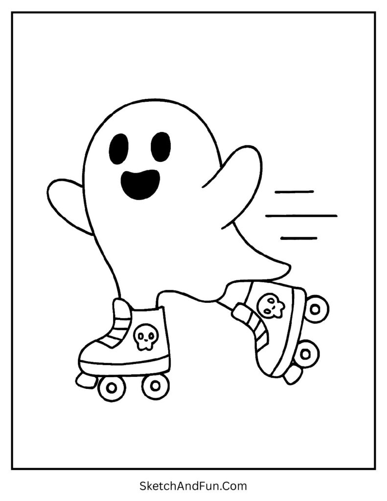A speedy ghost skating happily is one of the ghost coloring pages party activity designs.