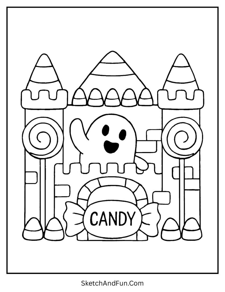 A ghost living in a candy castle makes a sweet trick or treat ghost coloring page.
