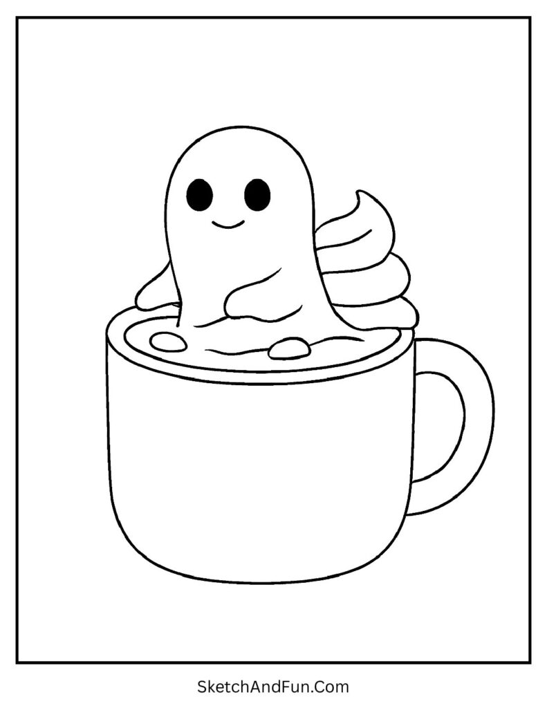 A ghost relaxing in hot cocoa makes the perfect happy ghost coloring page for kids.