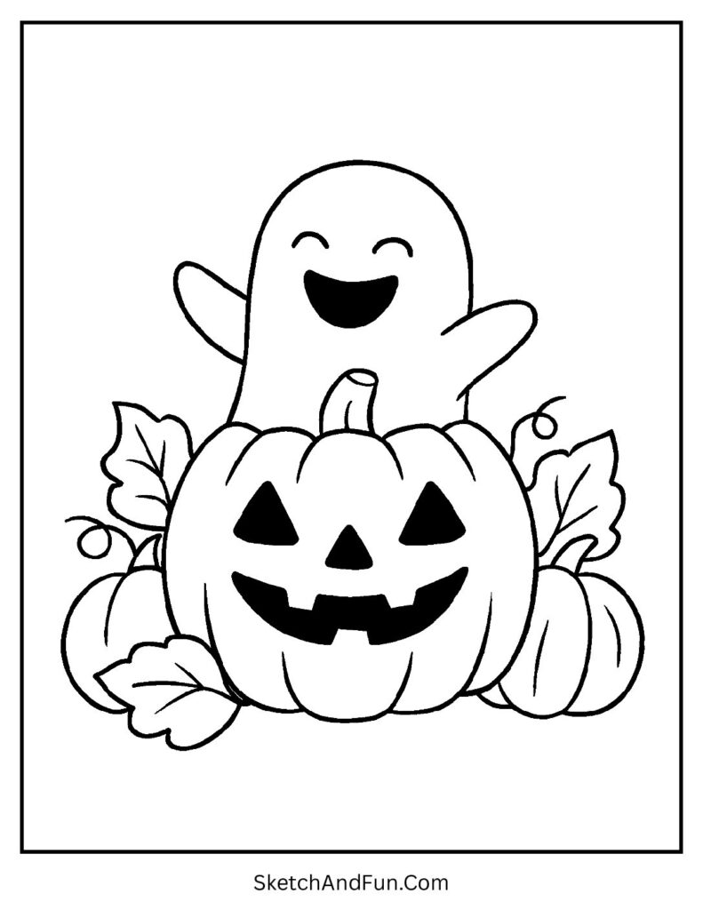 A ghost popping out of a pumpkin creates a festive simple ghost coloring page for children.