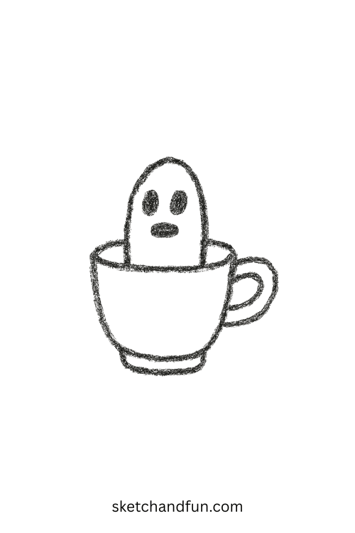 Tiny ghost sitting in teacup, cozy ghost character drawing