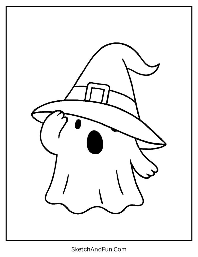 A silly ghost wearing a giant witch hat creates one of the cute ghost coloring pages kids enjoy.