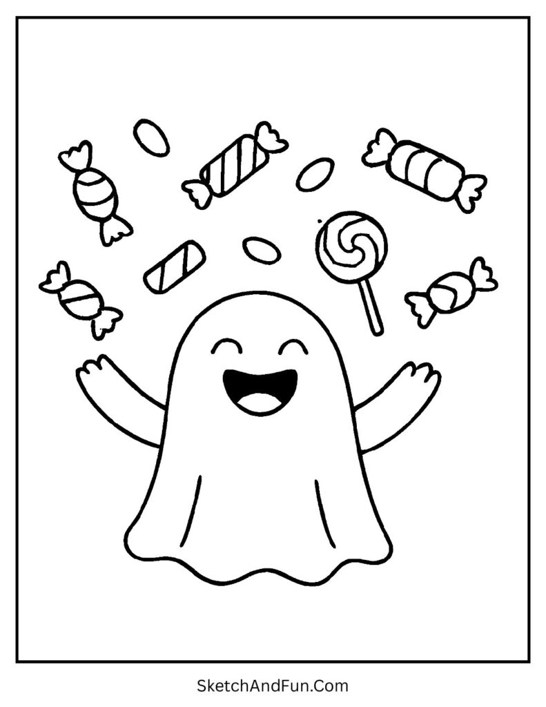 A joyful ghost enjoying candy rain creates the sweetest ghost coloring page for kids.