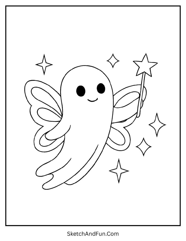 A magical ghost with fairy wings shines as one of the fun ghost coloring pages for Halloween.