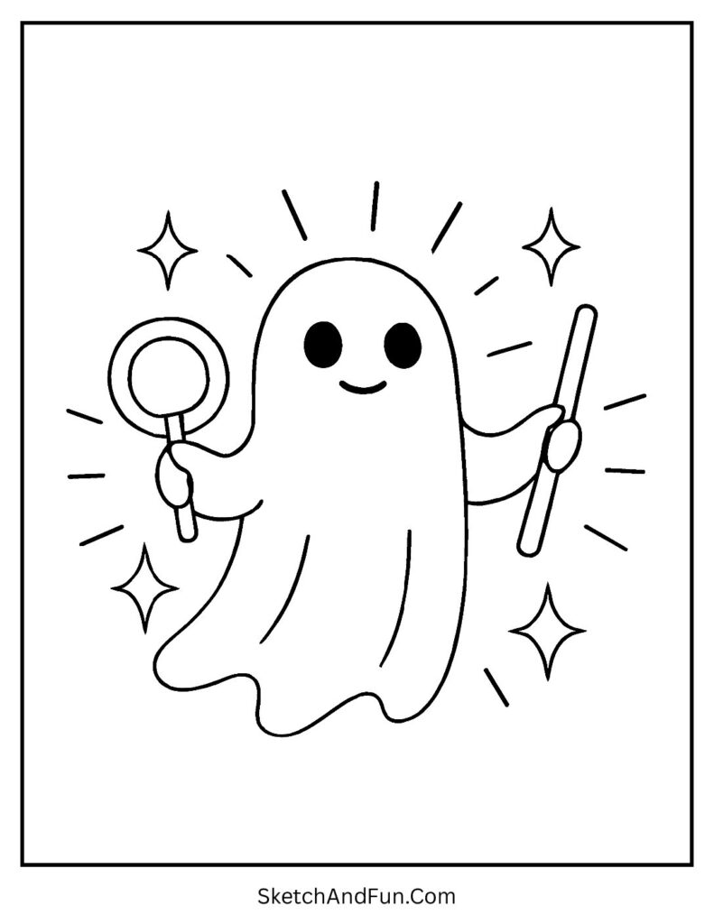 A glowing ghost waving sticks in the night works well as a ghost mobile coloring page.
